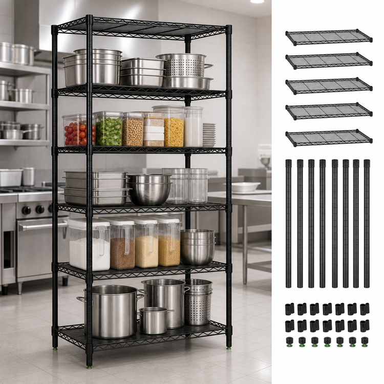 Product image #3 for Quantum 60"W x 21"D x 63"H Wire Shelving Starter Kit with 5 Shelves, Black Epoxy Antimicrobial Finish
