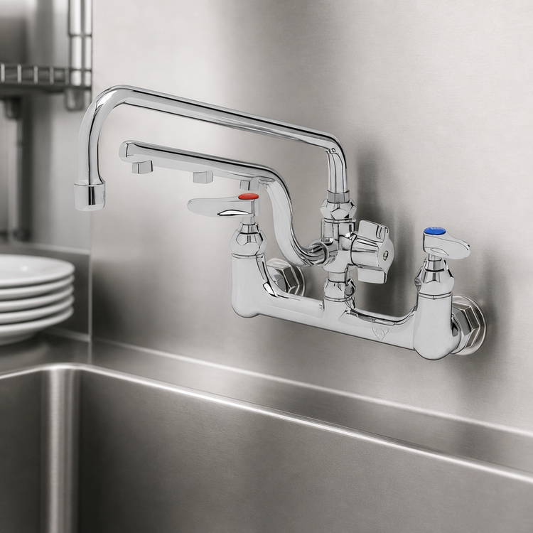 Product image #3 for UltraRinse 8-Inch Wall-Mount Pre-Rinse Mixing Faucet with 12-Inch Swing Nozzle and 10-Inch Sprayer Arm