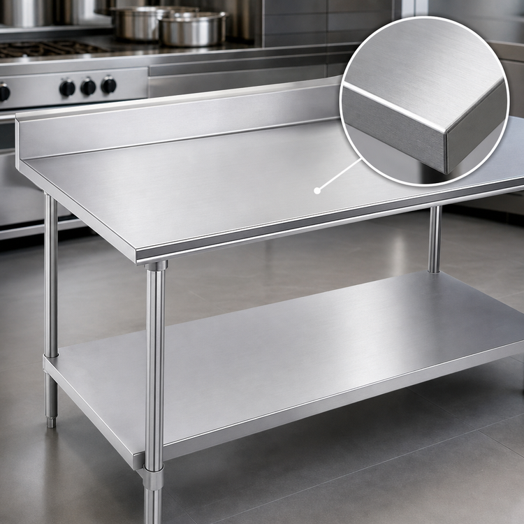 Product image #3 for Advance Tabco 144-Inch x 30-Inch 16-Gauge 430 Stainless Steel Work Table with 5-Inch Backsplash and Adjustable Undershelf