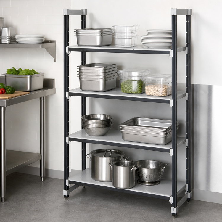 Product image #3 for Cambro Camshelving Elements XTRA 4-Tier Solid Stationary Starter Shelving Unit, 36W x 24D x 72H, Speckled Gray