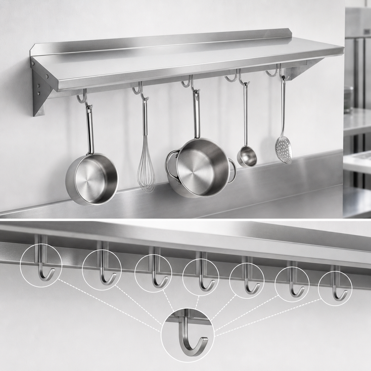 Product image #3 for John Boos Stallion 84-Inch Wall-Mount Pot Rack Shelf, 14-Gauge Stainless Steel, 7 Hooks