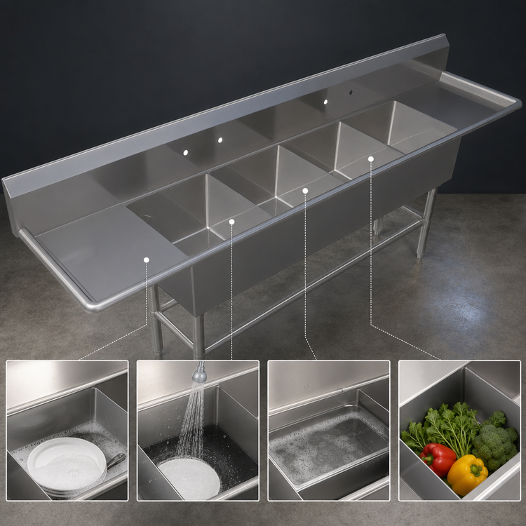 Product image #3 for John Boos Pro-Bowl 4-Compartment Stainless Steel Sink with Dual Drainboards and 12-Inch Deep Bowls