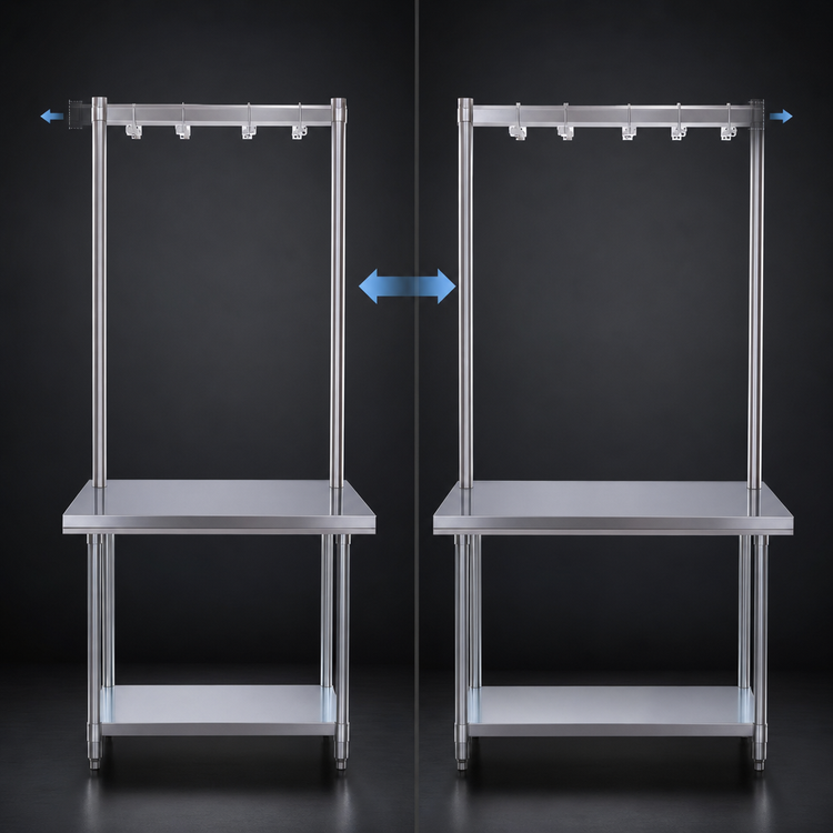 Product image #3 for BK Resources 48 Inch Adjustable Table-Mount Stainless Steel Single-Bar Pot Rack with 4 Double-Prong Hooks