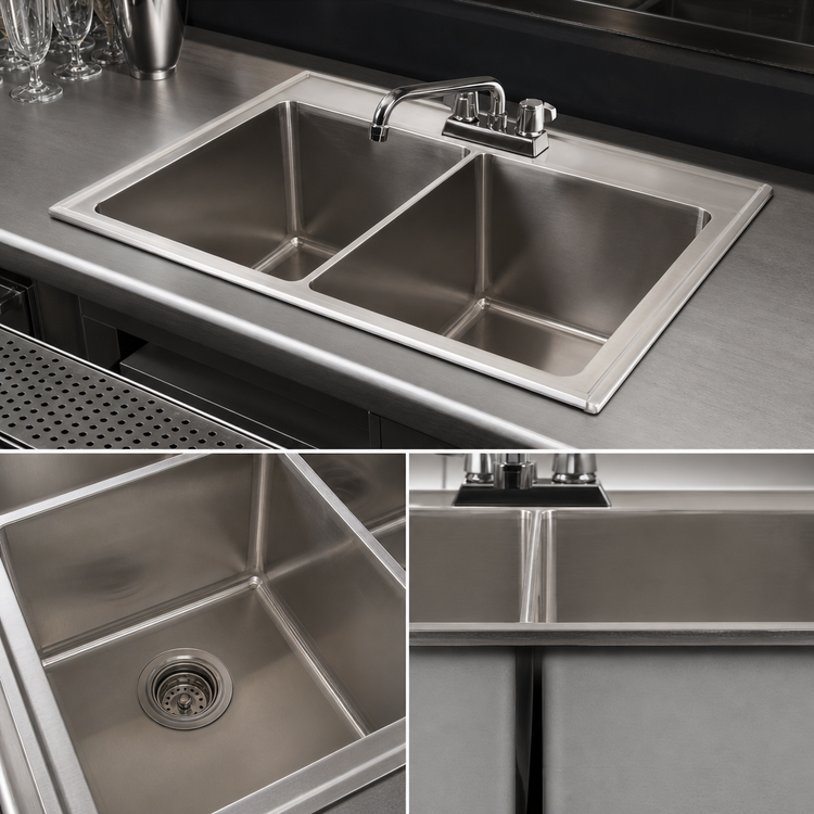 Product image #3 for Drop-In Two-Compartment Stainless Steel Bar Sink with Faucet and Basket Drain
