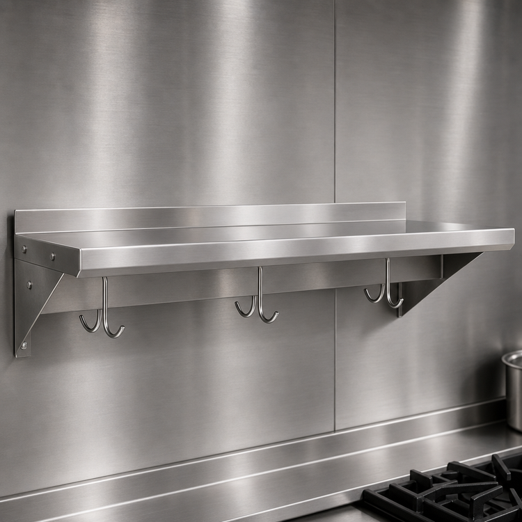 Product image #3 for BK Resources Premium Wall Shelf with Pot Rack, 48" W x 12" D, T-304 Stainless Steel
