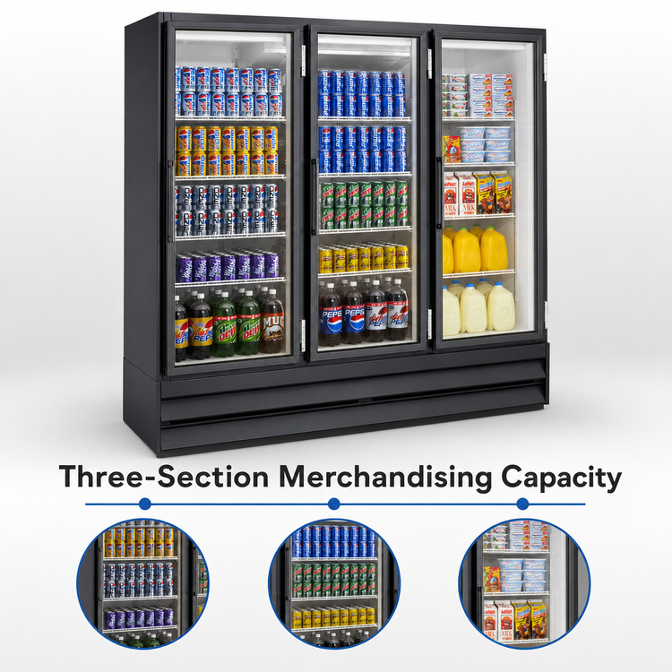 Product image #4 for Howard-McCray Three-Section Glass Door Reach-In Refrigerator Merchandiser, 75 Cu. Ft., Bottom-Mount, Black