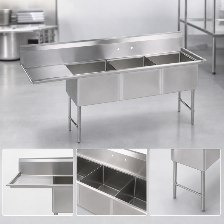 Product image #3 for BK Resources Three-Compartment Stainless Steel Sink with Left Drainboard, 16-Gauge, 70-3/16" x 25-1/2" x 44-1/16"