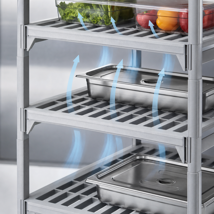 Product image #4 for Cambro Camshelving Premium 18" x 42" 4-Shelf Vented Polymer Shelf Kit, Speckled Gray