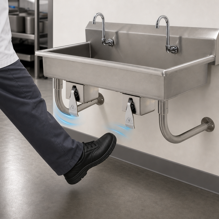 Product image #3 for Advance Tabco 2-Station Wall-Mounted Multiwash Hand Sink with Knee Valve, 40-Inch, 14-Gauge 304 Stainless Steel