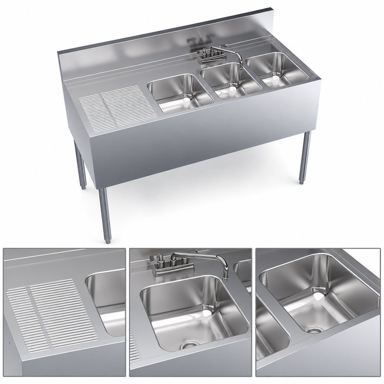 Product image #3 for Krowne Royal Series 48-Inch Three-Compartment Stainless Steel Underbar Sink with Left Drainboard, Right-Hand Bowl