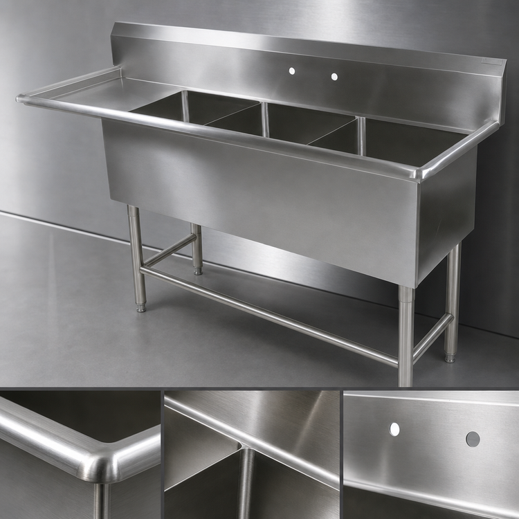 Product image #3 for John Boos Pro-Bowl 3-Compartment Sink with 24-Inch Left Drainboard, 14-Inch Deep Bowls, 16-Gauge Stainless Steel