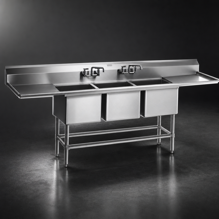 Product image #3 for Spec-Master FN2472-3-18L-14/3 97.5" Three-Compartment Stainless Steel Sink with 18" Left Drainboard