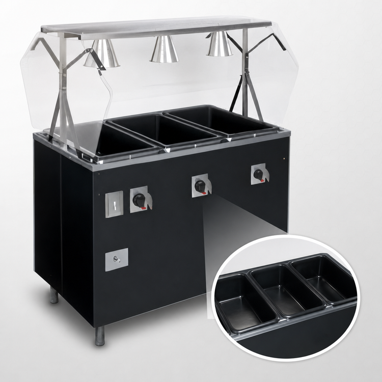 Product image #3 for Vollrath 2-Series Affordable Portable™ Deluxe 3-Well Mobile Hot Food Station with Lighted Breath Guard and Enclosed Base