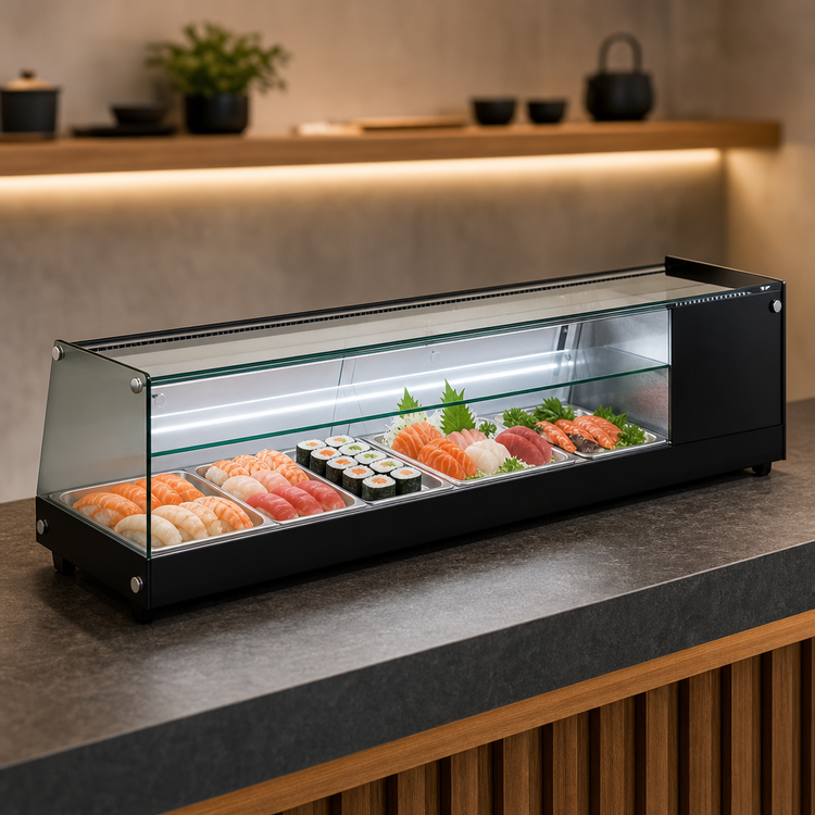 Product image #3 for Omcan Countertop Refrigerated Sushi Display Case with Flat Front Glass, 51-Inch, 2.26 Cu. Ft.