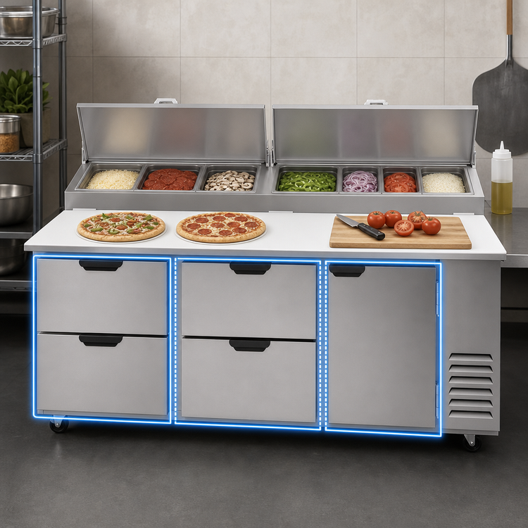 Product image #3 for Beverage-Air Three-Section Refrigerated Pizza Prep Table with 4 Drawers, 1 Door and 19-Inch Cutting Board