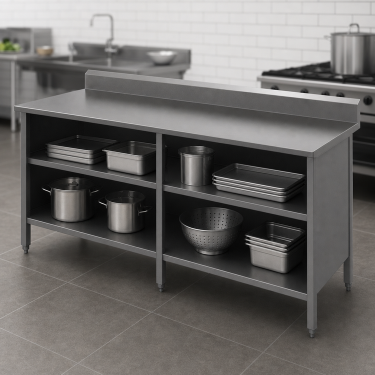 Product image #3 for Open Front Enclosed Base Work Table with 16-Gauge Stainless Steel Top and 5-Inch Backsplash, 84 x 30 Inches