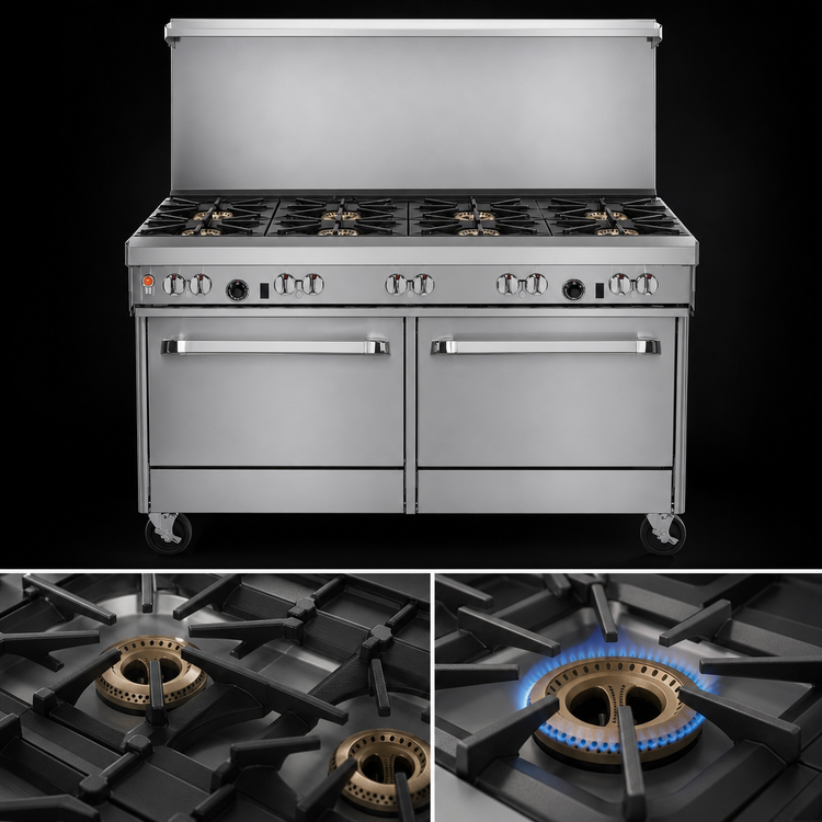 Product image #3 for Southbend Ultimate 60-Inch Gas Restaurant Range with 8 Open Burners, 2 Cabinets, and Backriser Hi-Shelf