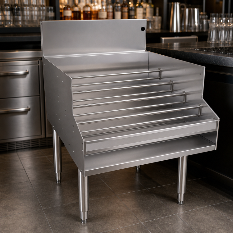 Product image #3 for Glastender 24"W x 29"D Free-Standing Stainless Steel Liquor Steps, 5-Step, with Clear Lift-Off Cover