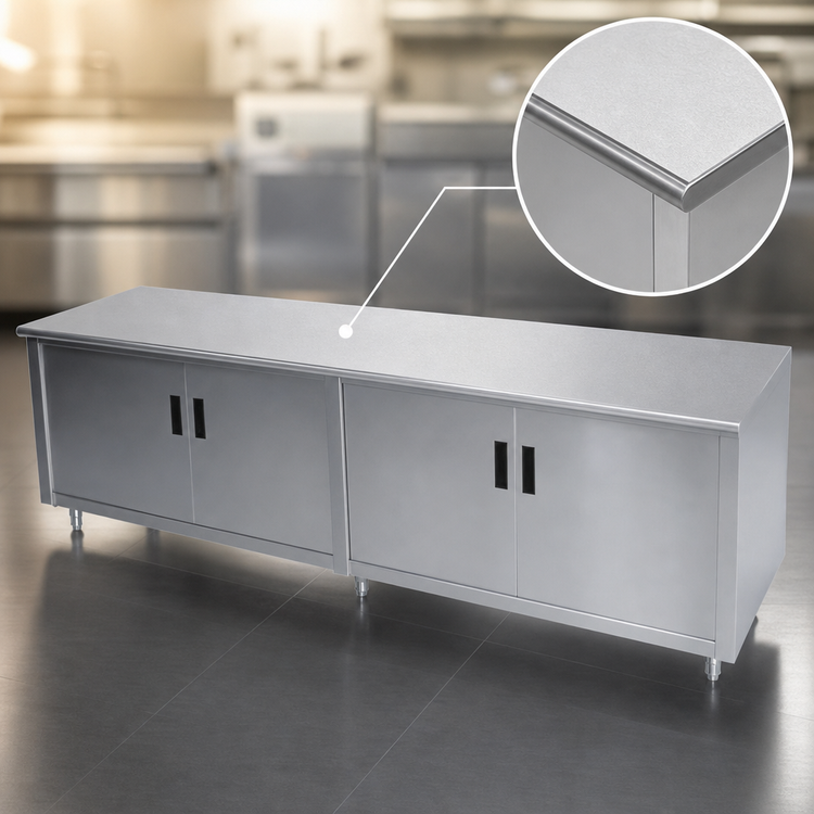 Product image #3 for Advance Tabco Special Value Series Enclosed Work Table with Cabinet Base, Mid-Shelf and Hinged Doors, 120 x 24 Inch, 16-Gauge 304 Stainless Steel Top