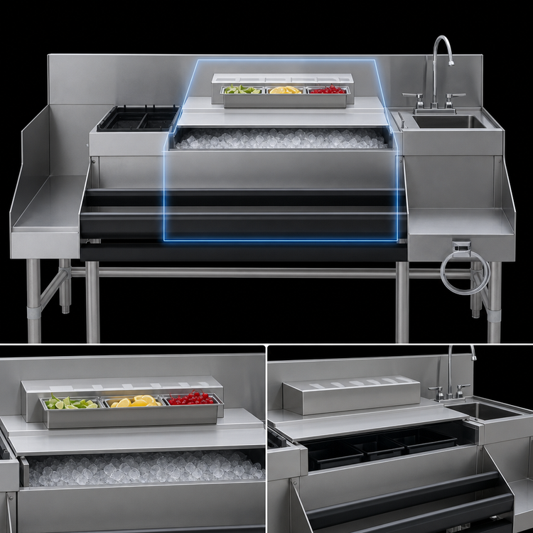 Product image #3 for Spec-Bar CCS-60-2-3VP 60-Inch Underbar Ice Bin/Cocktail Station with Blender Sink and Double Speed Rail