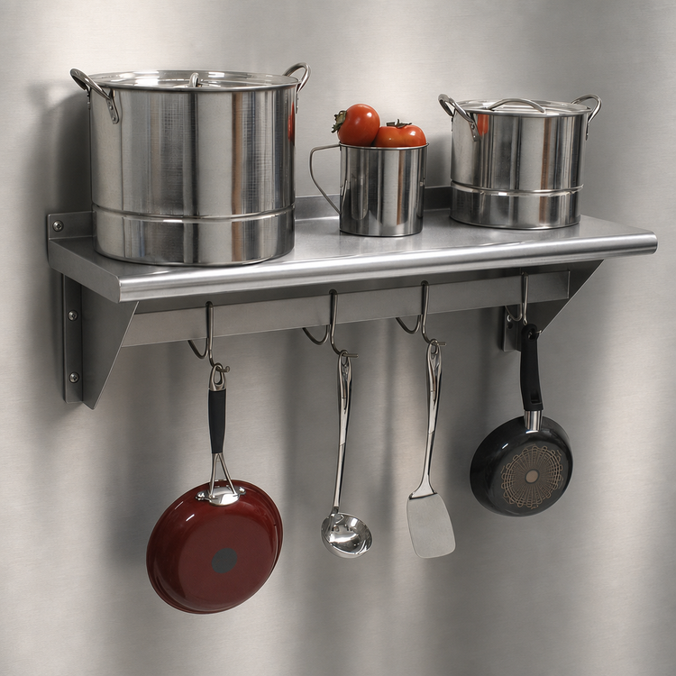 Product image #3 for Advance Tabco Wall-Mounted Shelf with Pot Rack, 84 Inch x 12 Inch, Stainless Steel, 9 Hooks