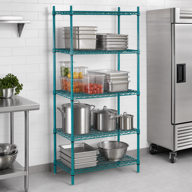 Product image #3 for Advance Tabco Special Value Series Stationary Wire Shelving Unit, 42-Inch Wide x 14-Inch Deep x 74-Inch High, 4 Shelves, Green Epoxy Finish