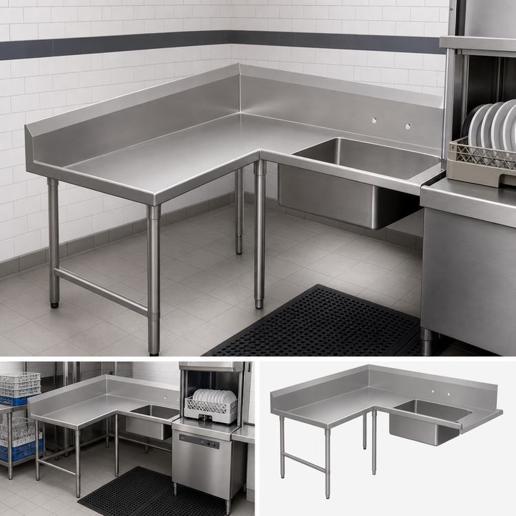 Product image #3 for John Boos Pro-Bowl L-Shaped Corner Soiled Dishtable with 20 x 20 x 8 Pre-Rinse Bowl, 144-Inch End x 60-Inch Machine Side, Left-to-Right