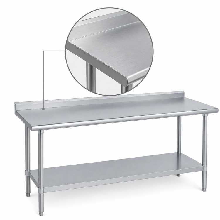 Product image #3 for Duke 144 Inch x 24 Inch 16 Gauge Deluxe Stainless Steel Work Table with 1-1/8 Inch Straight Riser