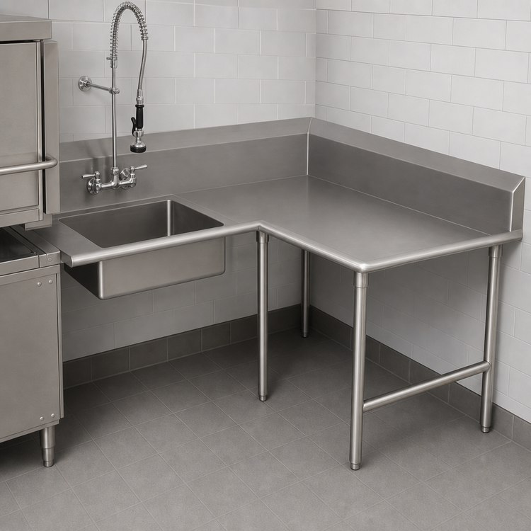 Product image #3 for John Boos Pro-Bowl L-Shaped Corner Soiled Dishtable, 60 x 48 Inches, Right-To-Left, with 20 x 20 x 8 Inch Pre-Rinse Sink Bowl