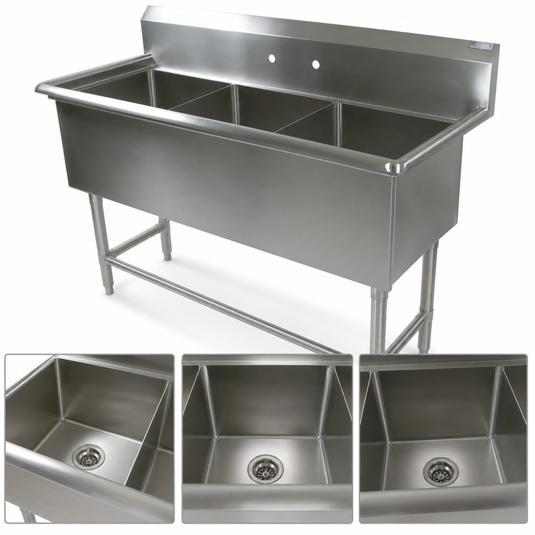 Product image #3 for John Boos Pro-Bowl 3-Compartment Stainless Steel Floor Model Sink with 20 x 20 x 12 Inch Bowls