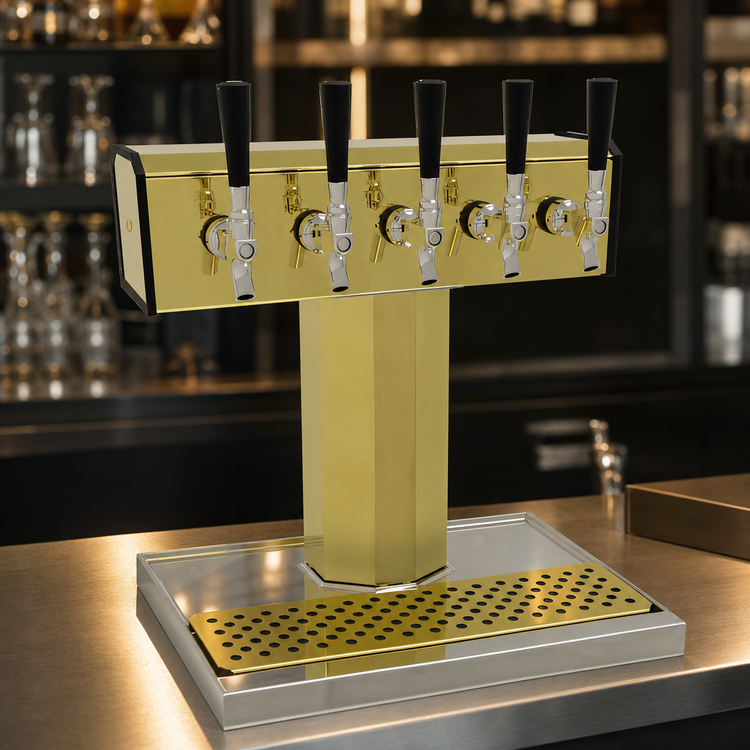 Product image #3 for Glastender Countertop Tee Draft Dispensing Tower with 5 Faucets, Air-Cooled, Polished Brass Finish
