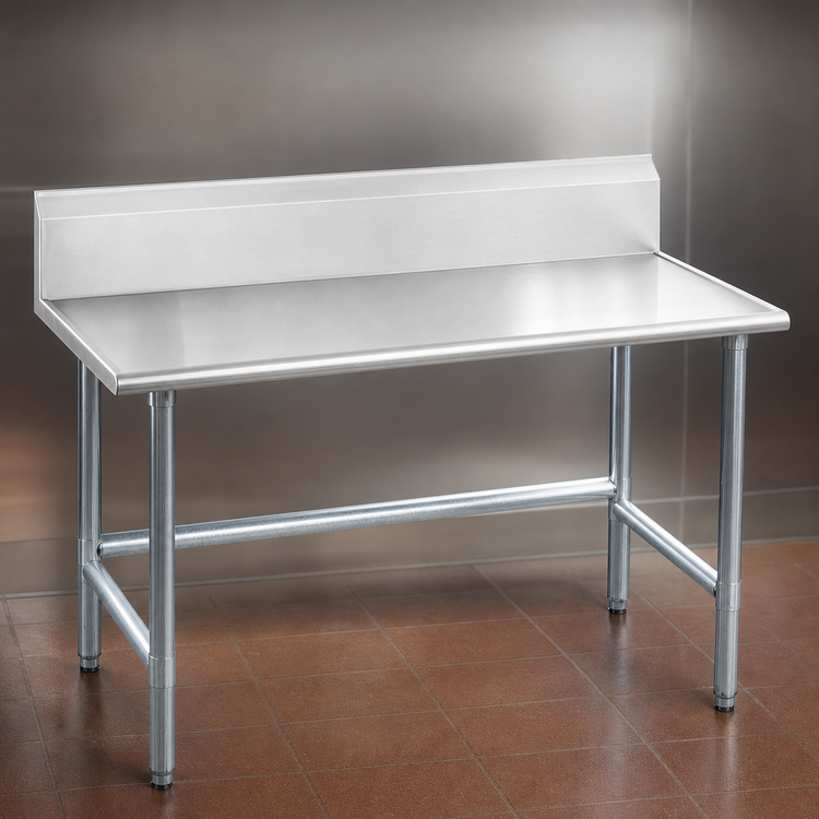 Product image #3 for Advance Tabco 84-Inch x 36-Inch 14-Gauge 304 Stainless Steel Work Table with 10-Inch Backsplash and Galvanized Open Base