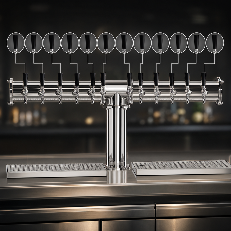 Product image #3 for Glastender PT-12-MFR 12-Faucet Pipe Tee Countertop Glycol-Cooled Draft Dispensing Tower, Mirror Finish