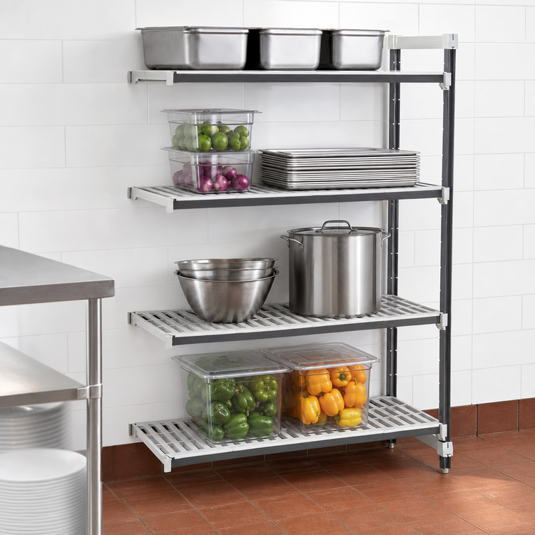 Product image #3 for Cambro Camshelving Elements XTRA 4-Tier Stationary Add-On Polymer Shelving Unit, 24-Inch Deep x 30-Inch Wide x 64-Inch High, Vented, Speckled Gray