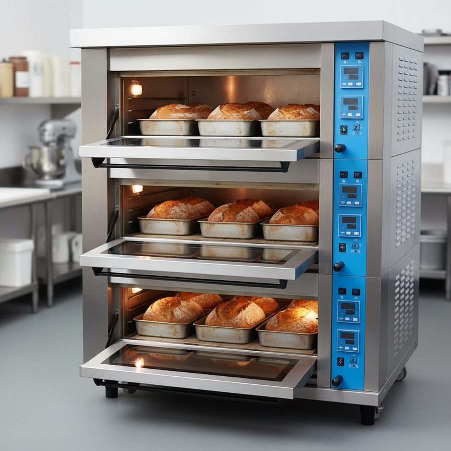 This image showcases the impressive three-deck design of the oven, maximizing baking capacity to accommodate multiple full-size pans simultaneously.