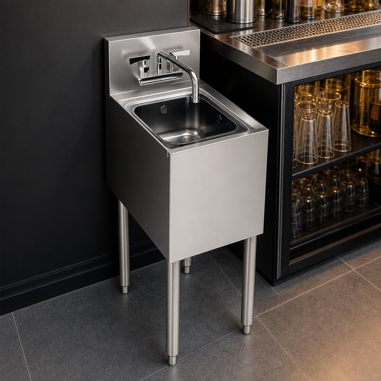 Product image #3 for Krowne Royal Series Freestanding 12-Inch Stainless Steel Underbar Dump Sink with Single Compartment, Faucet, and Perforated Basket