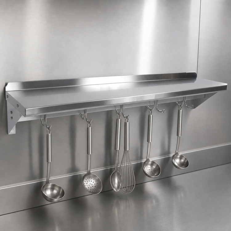 Product image #3 for John Boos Cucina Mensola Wall-Mount Stainless Steel Pot Rack Shelf with Utensil Bar and Hooks, 48 Inch W x 12 Inch D