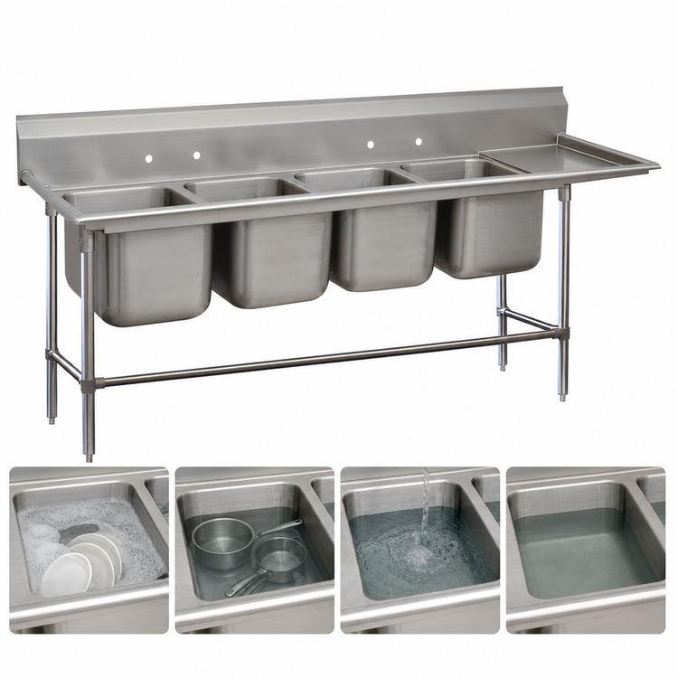Product image #3 for Advance Tabco Regaline 4-Compartment Floor Model Sink with Right-Hand Drainboard, 20" x 28" Bowls