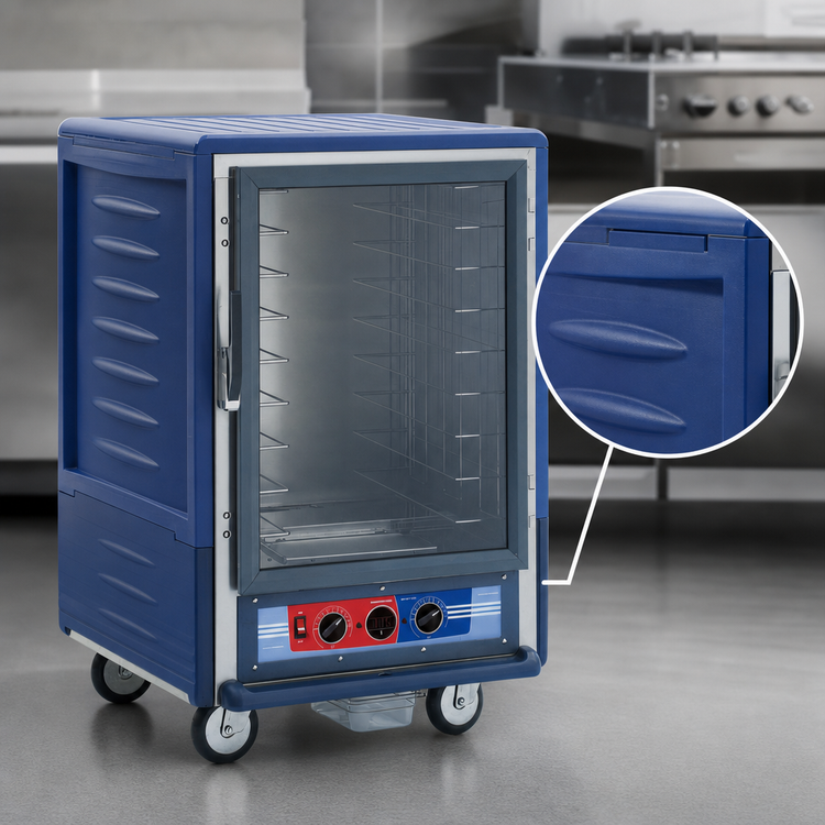 Product image #3 for Metro C5 3 Series Half-Height Mobile Moisture Heated Holding and Proofing Cabinet with Blue Insulation Armour, Clear Polycarbonate Door, and Lip Load Slides
