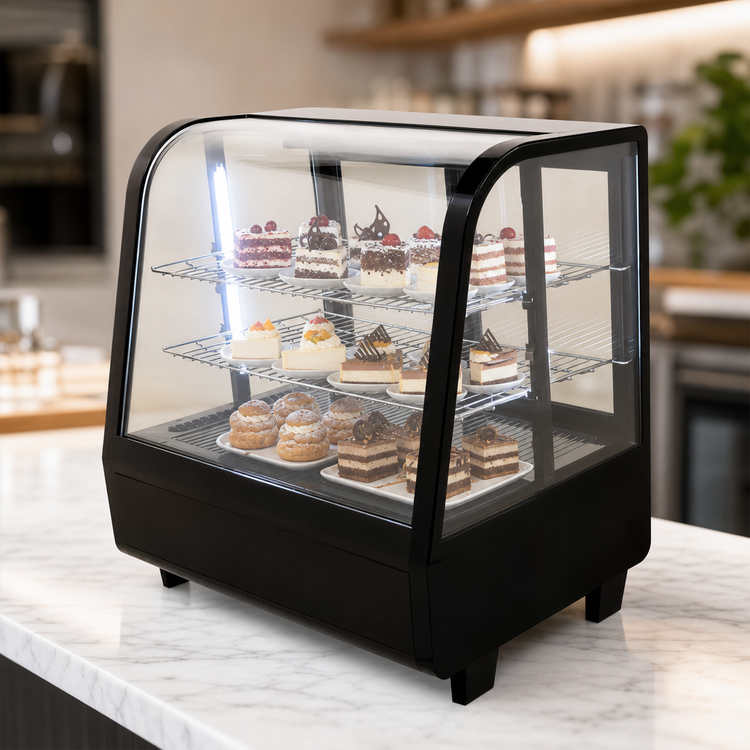 Product image #4 for Omcan 27-Inch Black Countertop Refrigerated Display Case, 3.5 Cu. Ft., Curved Glass, Rear Sliding Doors