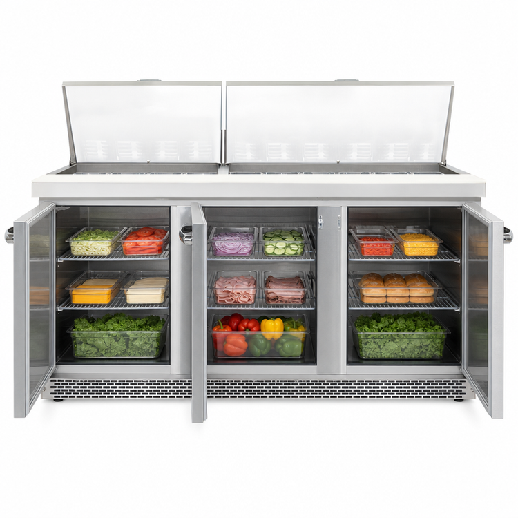 Product image #3 for Continental Refrigerator Mighty Top SW72N30M-FB 72-Inch Three-Section Front Breather Sandwich Unit