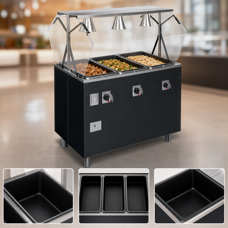 Product image #3 for Vollrath 2-Series Affordable Portable Deluxe 3-Well Mobile Hot Food Station with Breath Guard