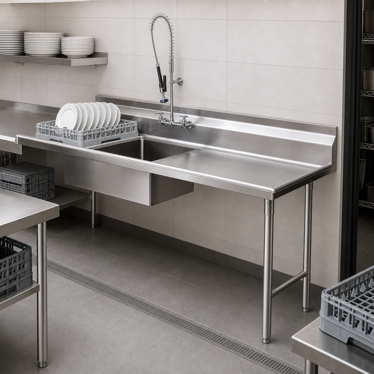 Product image #3 for Eagle Group Straight Soiled Dishtable with 8-Inch Backsplash and Pre-Rinse Sink, 96 x 30 Inches