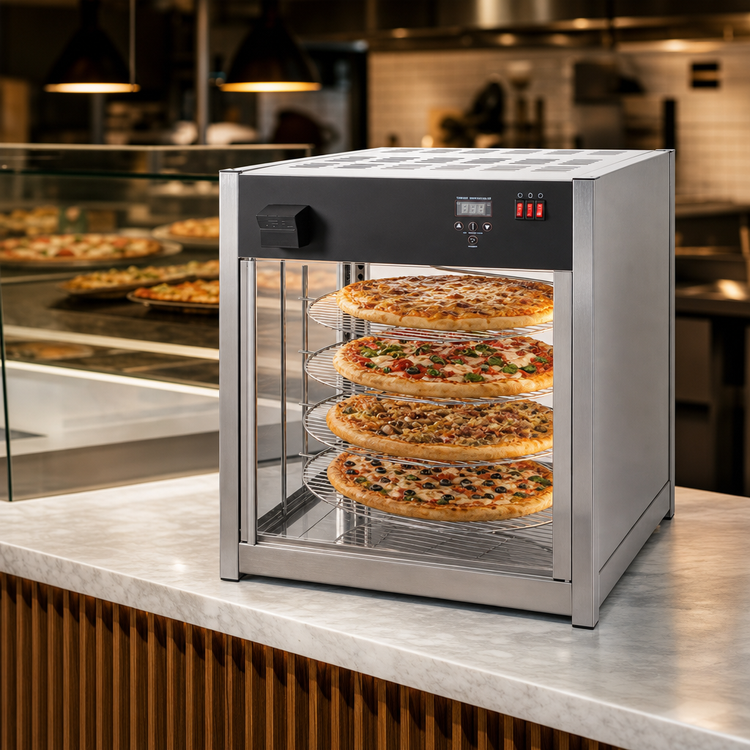 Product image #3 for Omcan Elite Series Countertop Full-Service Pizza Display Warmer with 4 Rotating Shelves, 18-Inch Capacity