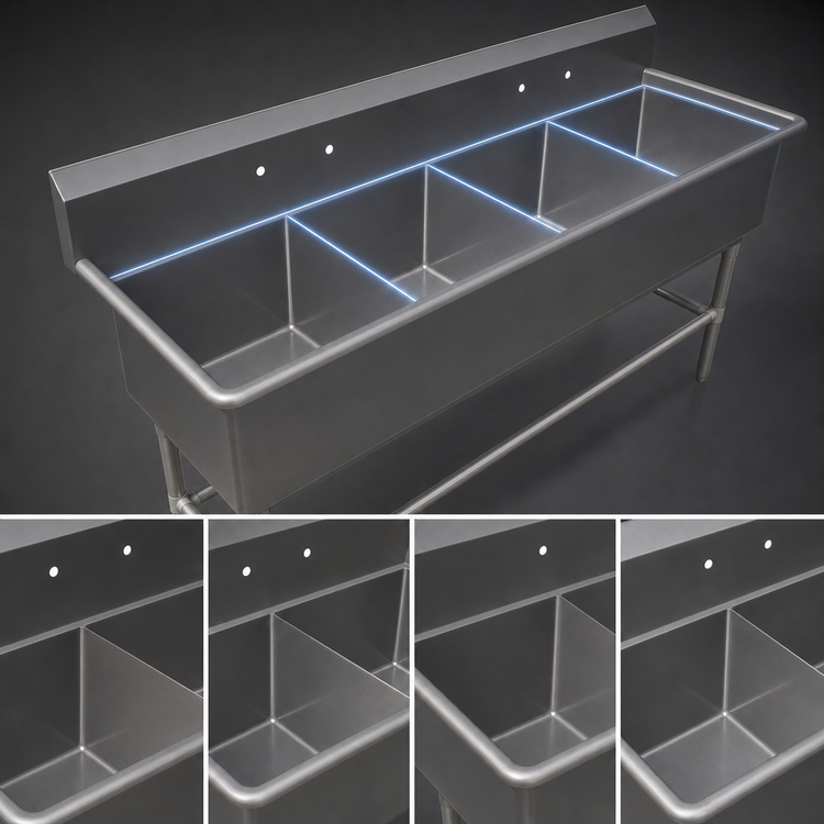 Product image #3 for John Boos Pro-Bowl 4-Compartment Stainless Steel Sink with 16" x 20" x 12" Deep Bowls