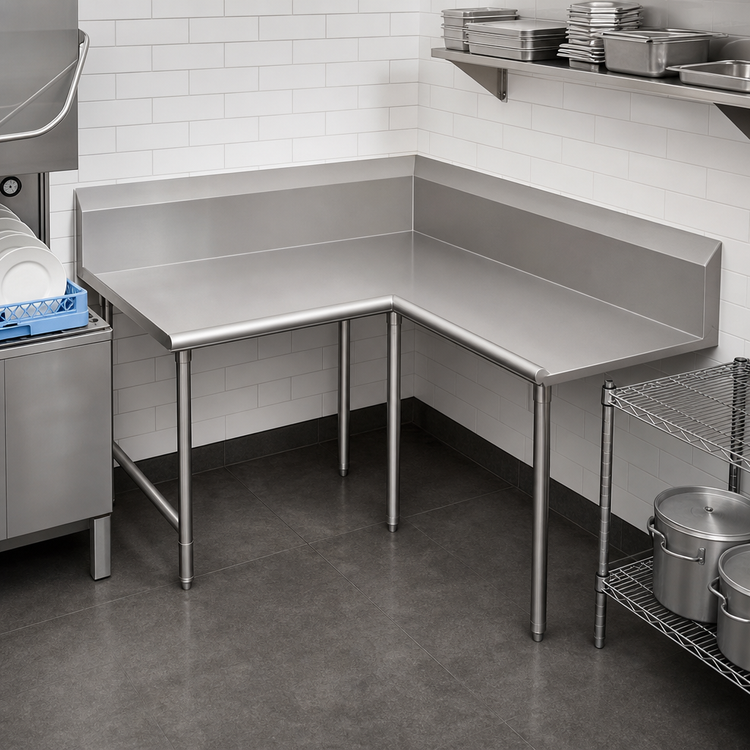 Product image #3 for John Boos Pro-Bowl L-Shaped Clean Corner Dish Table, 60" Machine-to-Corner x 144" Corner-to-End, Right-to-Left, 14-Gauge Stainless Steel