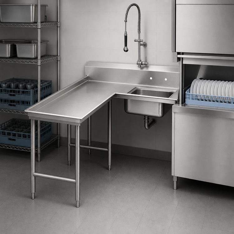 Product image #3 for Advance Tabco 47-Inch L-Shaped Left-Hand Island Soil Dishtable with Pre-Rinse Sink, 14-Gauge 304 Stainless Steel