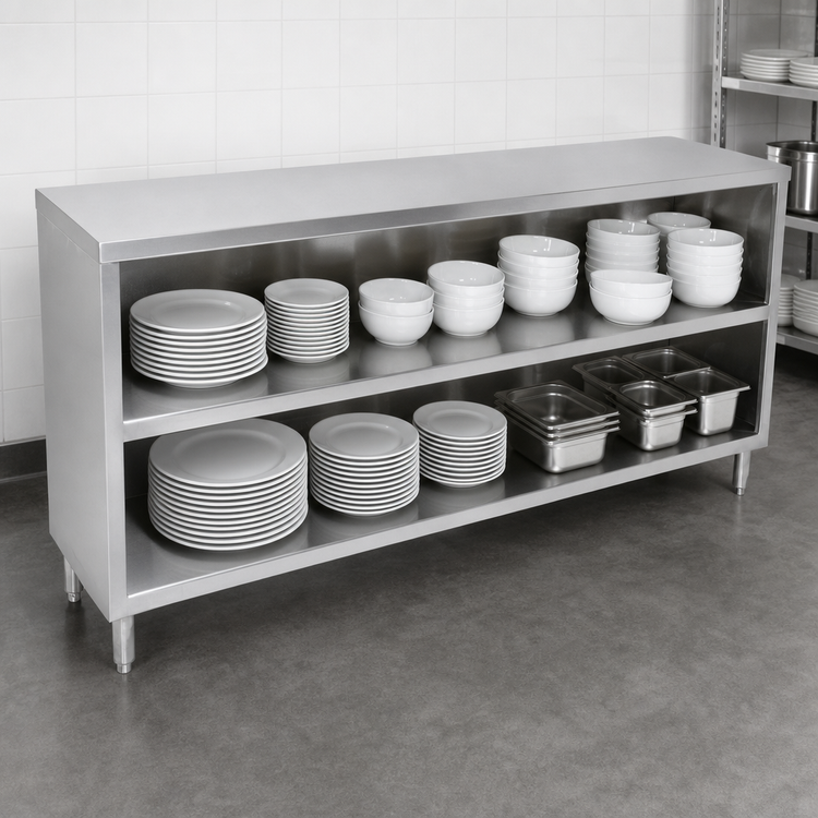 Product image #3 for John Boos 96-Inch Open Front Stainless Steel Dish Cabinet with Mid-Shelf