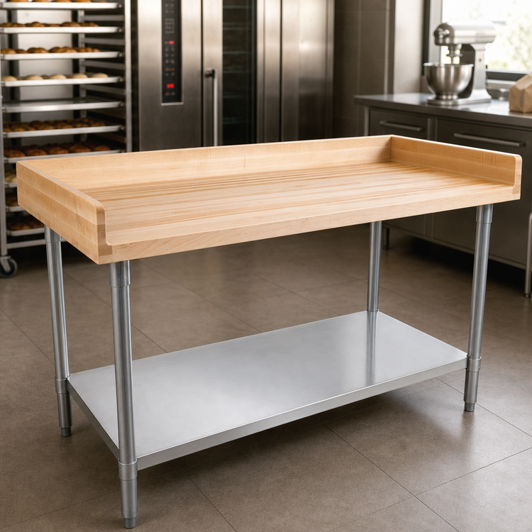 Product image #3 for John Boos 96"W x 30"D Northern Hard Rock Maple Baker's Top Work Table with Galvanized Base and Adjustable Undershelf