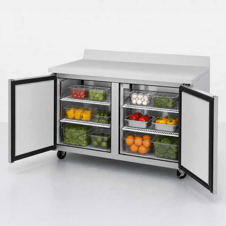 Product image #3 for Turbo Air Super Deluxe 60-Inch Two-Section Worktop Refrigerator, 16 Cu. Ft., Stainless Steel, Rear-Mounted Self-Contained Refrigeration